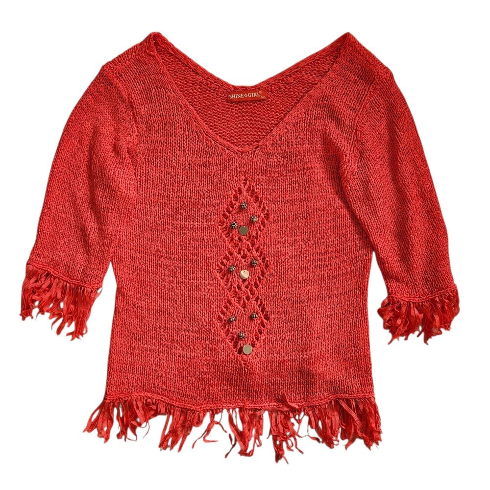 Red Crochet Boho Top 3/4 Sleeve Sweater - Size Medium